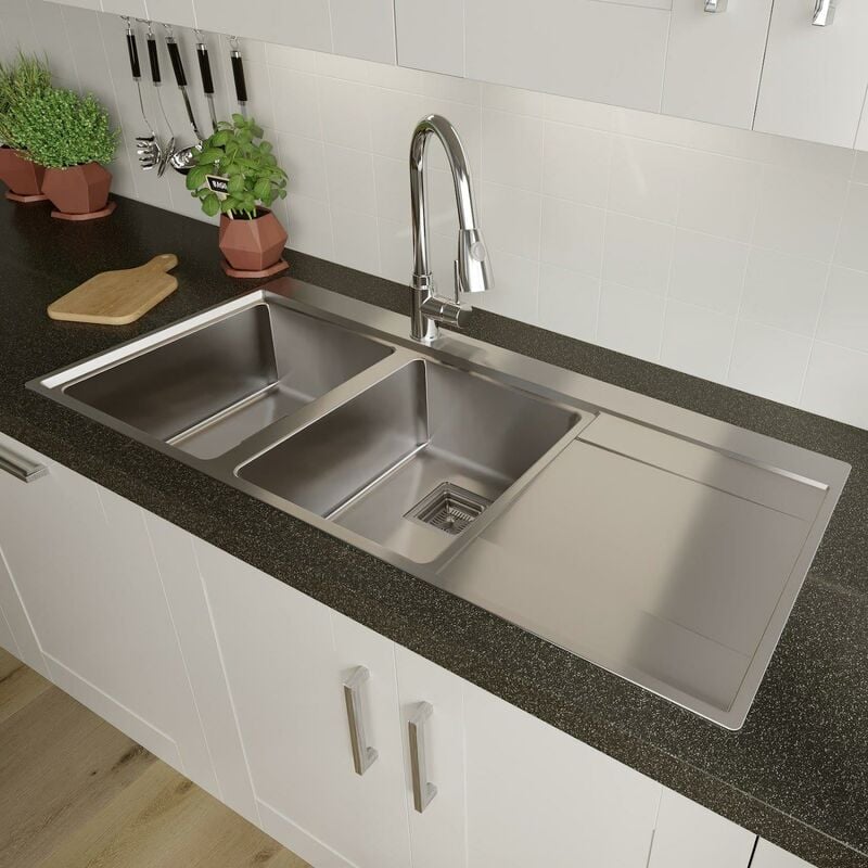 Kitchen Sink 2.0 Double Bowl rh Drainer Stainless Steel Modern Inset Waste Kit - Silver