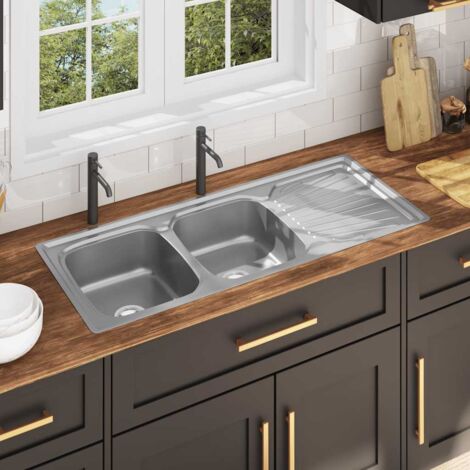 Kitchen Sink Double Basin with Strainer & Trap Stainless Steel vidaXL
