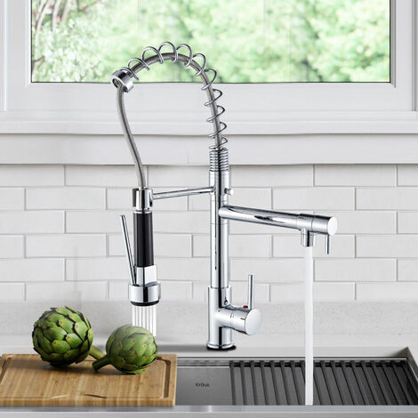 Kitchen Sink Mixer Tap Chrome Brass 360 Degree Rotation Single Hole with Pull Out Spray Kitchen Sink Taps