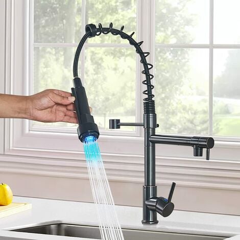 ZAMERY Kitchen Sink Mixer Tap LED black, Spray 360 Degree Rotation Spout, with 3 Colour Temperature Display, Black Hose Single Handle Cold and Hot Water Brass Tap