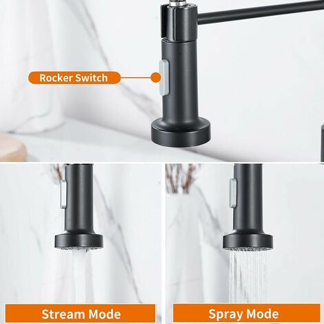 Kitchen sink mixer tap, spring-loaded kitchen mixer with pull-down sprayer, 2 spray patterns high arc single lever kitchen mixer (black)