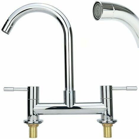 Kitchen Sink Mixer Taps 2 Hole Dual Lever Cold and Hot Mixer Tap, Modern 360��Swivel Spout Kitchen Sink Taps Brass Chrome Basin Faucet with UK Standard Fittings 1/4 Turn