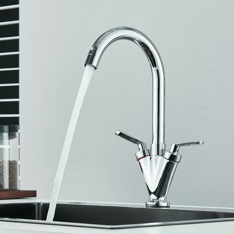 Kitchen Sink Mixer Taps Monobloc Swivel Spout Chrome Brass Dual Lever Kitchen Taps Hot & Cold Water Control + Free Hoses