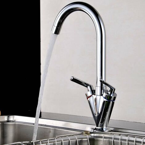 Kitchen Sink Mixer Taps Twin Dual Lever Spout Chrome Modern Kitchen Sink Basin Mono Brass Faucet Swivel 360° with Hose Chrome Faucet