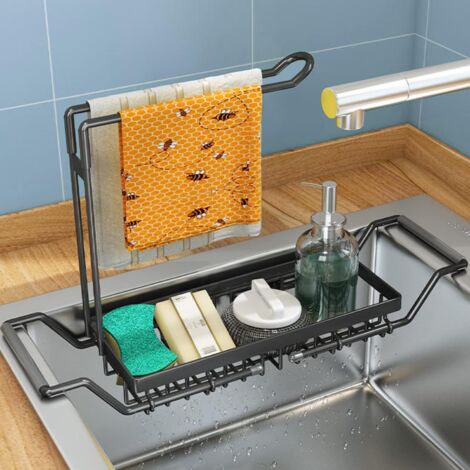 Kitchen Sink Organizer, Kitchen Sink Storage Holder for Sponge, Cloth, Brush, Dishwashing Liquid, Stainless Steel Telescopic Drain Organizer, L, 42.5x10.5x23.5CM, Black.