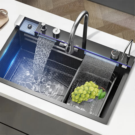 Kitchen sink set with smart digital display, waterfall water purifier, soap dispenser, cup washer