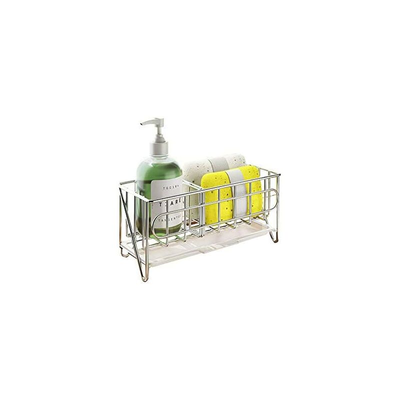 Kitchen Sink Sponge Holder Organizer, Kitchen Sink Storage for Cleaning Brush, Soap Dish with Drain Tray, Silver