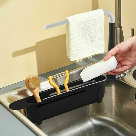 Kitchen Sink Sponge Holder, Sink Organizer, Telescopic Sponge Holder for Sink Storage, Suitable for 32-45cm Sink (Black)