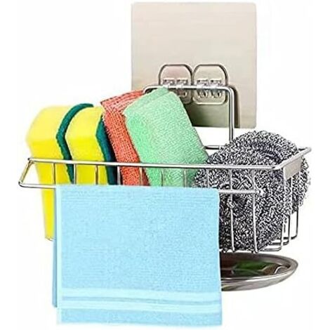 Kitchen Sink Sponge Holder, Sponge Holder Storage Basket for Sponges Brush Dish Towels Liquid Dishes Kitchen Sink Holder Strong Adhesive No Drilling Stainless Steel