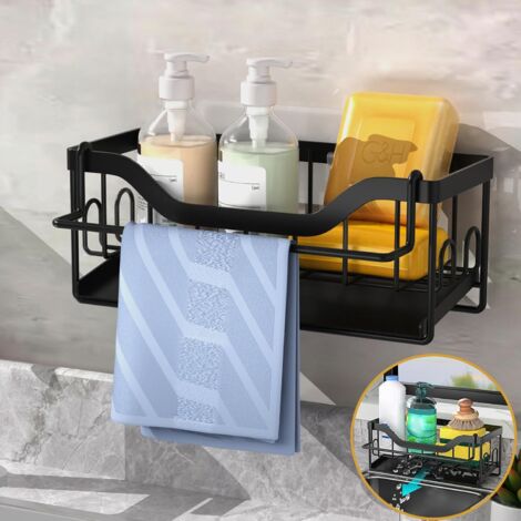 TIGREZY Kitchen Sink Sponge Holder, Wall Mounted Kitchen Sink Organizer with Drain Tray, Kitchen Sink Storage with Towel Bar, Kitchen Sink Sponge Holder with Adhesive (Black)