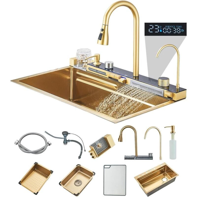 Suguword - Kitchen Sink Stainless Steel 201 Golden Brushed,With Extractable Faucet,Pure Water Faucet,Single Large Slot,Integrated Digital Display