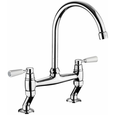 main image of "Kitchen Sink Tap Dual Lever Mono Bridge Chrome White Mixer Tap Swivel Spout"