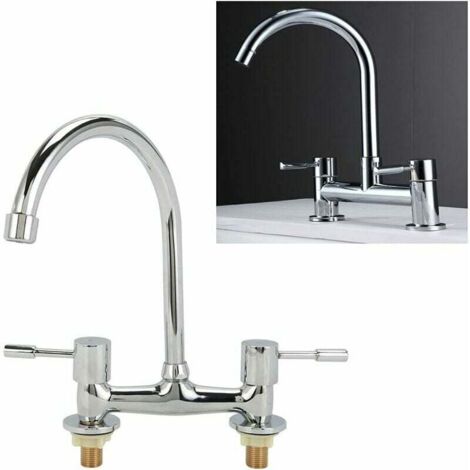 Kitchen Sink Taps 2 Hole 1/4 Turn Dual Lever Deck Mounted Hot & Cold Mixer Faucet Swivel Spout Black Taps