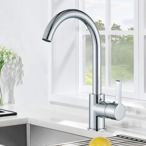 SUGUWORD Kitchen Sink Taps Mixer 1 Hole, Single Lever 360¡ã Swivel High Spout for Kitchen Sink with UK Standard Fittings, Chrome