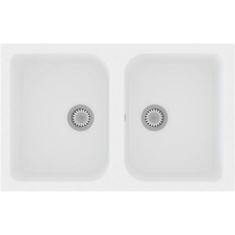 Kitchen Sink with Overflow Hole Double Basins White Granite