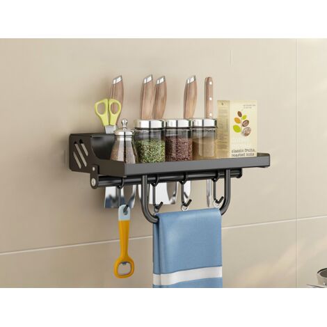 Kitchen Spice Rack Wall Mounted Spice Rack for Bathroom or Kitchen Kitchen Shelf Stainless Steel Spice Rack with 6 Removable Hooks, 40cm (Black)