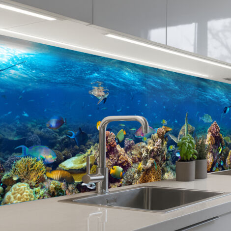Kitchen Splashback Underwater landscape - Fish - Turtle - Blue 300x60 cm