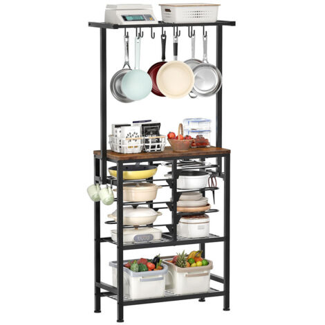 Kitchen Storage Rack, Multi-Tier Baker's Rack, Industrial Coffee Bar Station with Shelves & Hooks, Metal Frame