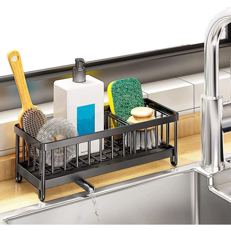 Ahlsen Kitchen Storage Sink Rack 304 Stainless Steel Sink Sponge Holder Multifunctional Kitchen Sink Organizer with Automatic Drain Tray (Black)