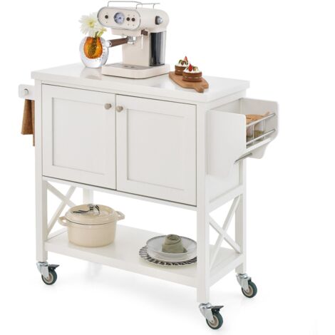 Kitchen Storage Trolley Cart Rolling Island Shelves Cupboard 2 Doors &Towel Rack