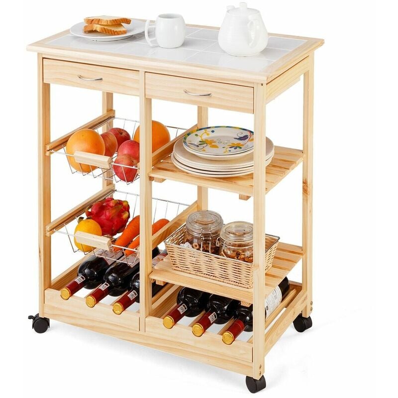 Kitchen Storage Trolley Cart Rolling Island Shelves Cupboard 2 Drawers 2 Baskets