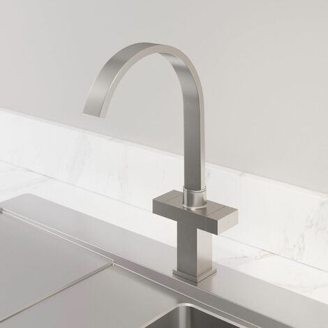 SAUBER Kitchen Tap Dual Twin Lever Modern Mono Sink Mixer Hot Cold Faucet - Thun Curved Spout Swivel Chrome