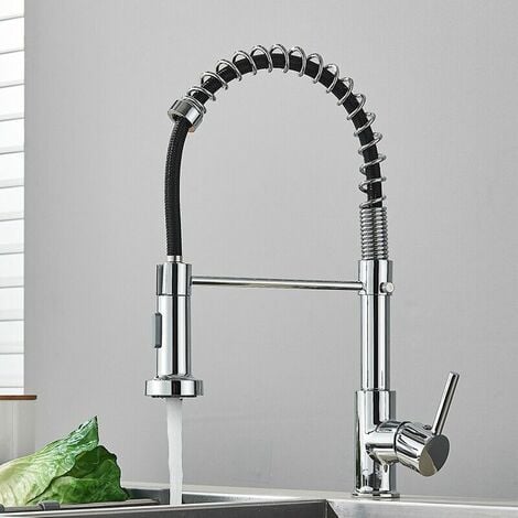 Kitchen Tap with Pull Down Lead-Free Spring Kitchen Sink Mixer tap Solid Brass Single Handle Single Hole 360° Swivel Sprayer Mixer Tap Cold and hot Fittings UK Standard Chrome