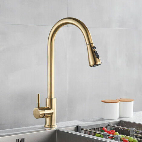 Kitchen Taps Mixer Brushed Gold, High Pressure 360° Swivel Kitchen Sink Taps with Pull Out Spray 2 Modes, Stainless Steel Pull Down Sink Taps for Kitchen