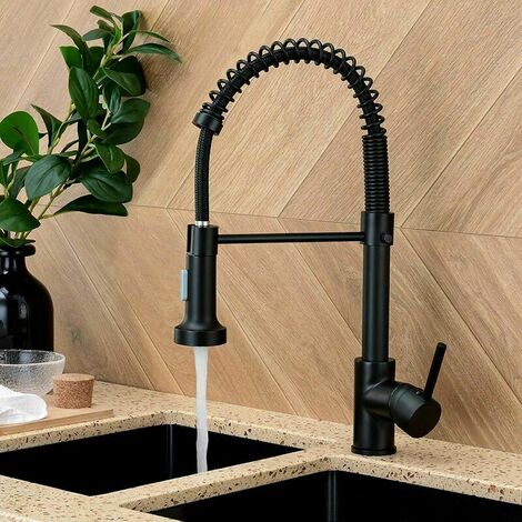 Kitchen Taps with Pull Down Sprayer, Kitchen Sink Taps,Brass Black Single Handle Single Lever High Arc Spring tap(Matte Black)