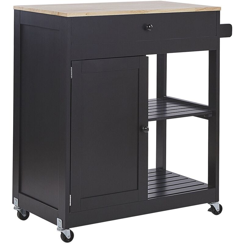 Mobile Wooden Kitchen Trolley Prep Cart with Cabinet and 2 Shelves Black Trapani