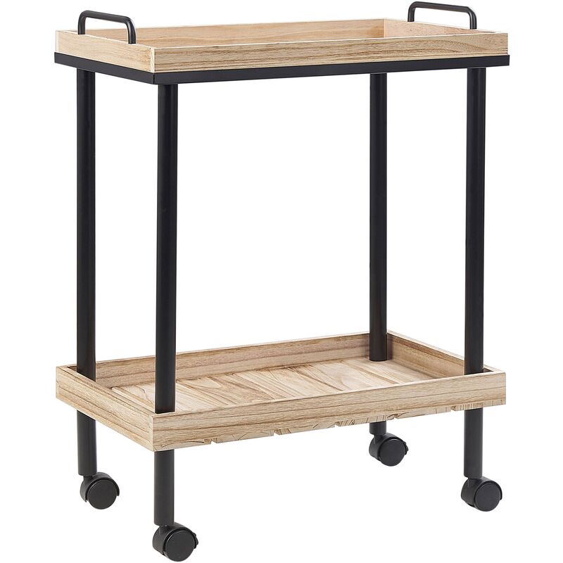 Kitchen Trolley Shelves Metal Construction Wheels Tray Top Black and Light Wood Taggio