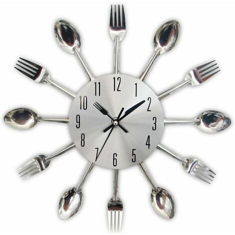 Kitchen utensil clock in stainless steel - Wall clock for kitchen cutlery with forks, spoons, tinted spatulas Designer kitchen clock with interior and exterior kitchen decoration （Silver）