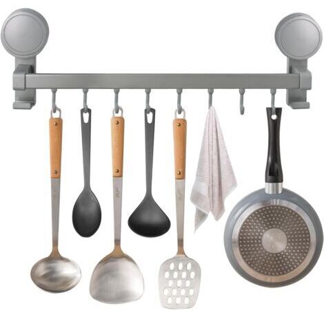 Kitchen Utensil Holder, 40 cm Suction Cup Utensil Holder with 8 Removable Hooks, Kitchen Accessories without Drilling Storage Organizer Rack for Kitchen/Baths (Grey)