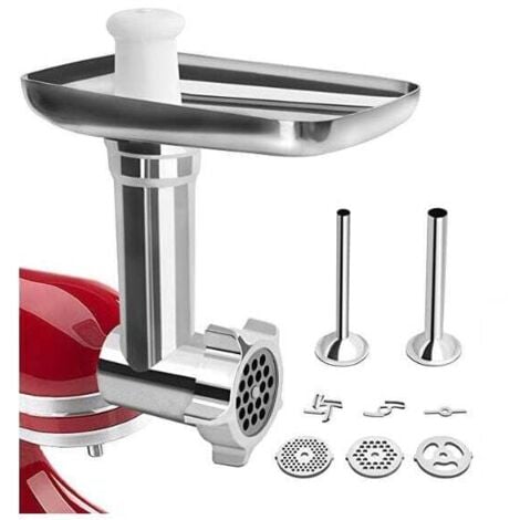XVX Kitchenaid Fleischwolf-Zubehör, KitchenAid Fleischwolf für Küchenmaschine, mit 3 Mahlplatten und 2 Füllrohren für Kitchenaid Artisan Fleischwolf