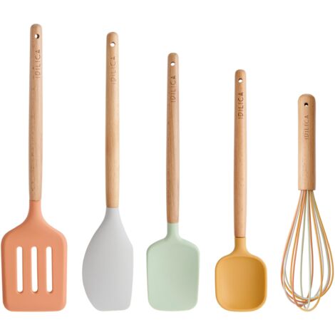 KitchenCraft Idilica Set di utensili in silicone, set di utensili da cucina da 5 pezzi con manici in legno di faggio FSC, utensili da cucina multicolore