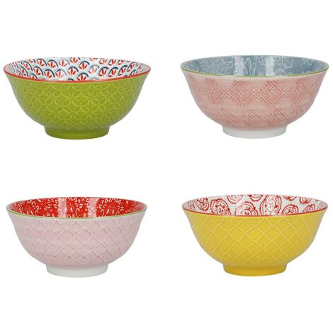 KitchenCraft Juego de 4 Cuencos de Cereales de Cerámica en Caja de Regalo, Boles para Helado, Sopa y Otros, Diseño “Luminoso” 15 cm
