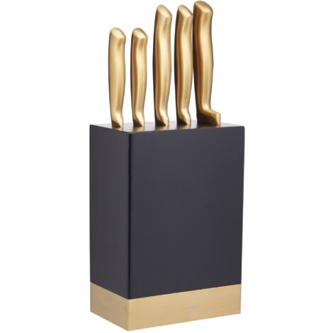 KitchenCraft MasterClass Set di coltelli in acciaio inox color ottone e ceppo per coltelli, ottone/nero, 5 pezzi