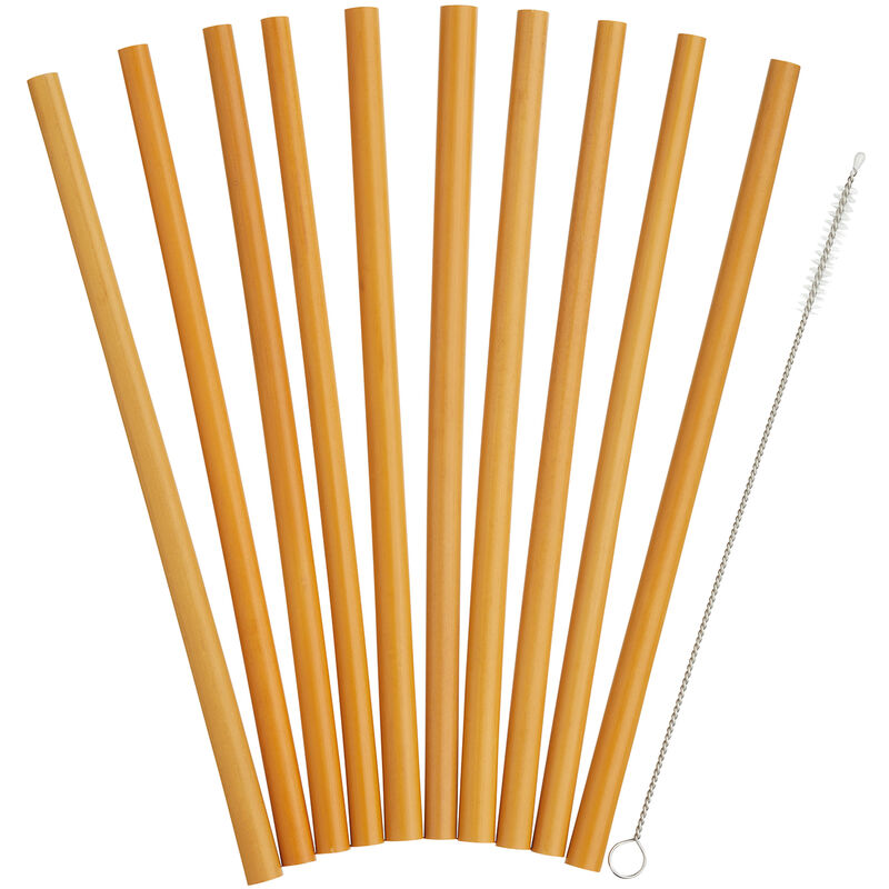 Natural Elements - KitchenCraft Set of 10 Reusable Straws of Wood of Bamboo with Cleaning Brush, 19cm