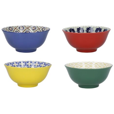 KitchenCraft Set de 4 Schalen de Müsli de Keramik in Box de Geschenkbox, Schalen für Eis, Suppe und anderes, Design "World de Flavours" 15 cm