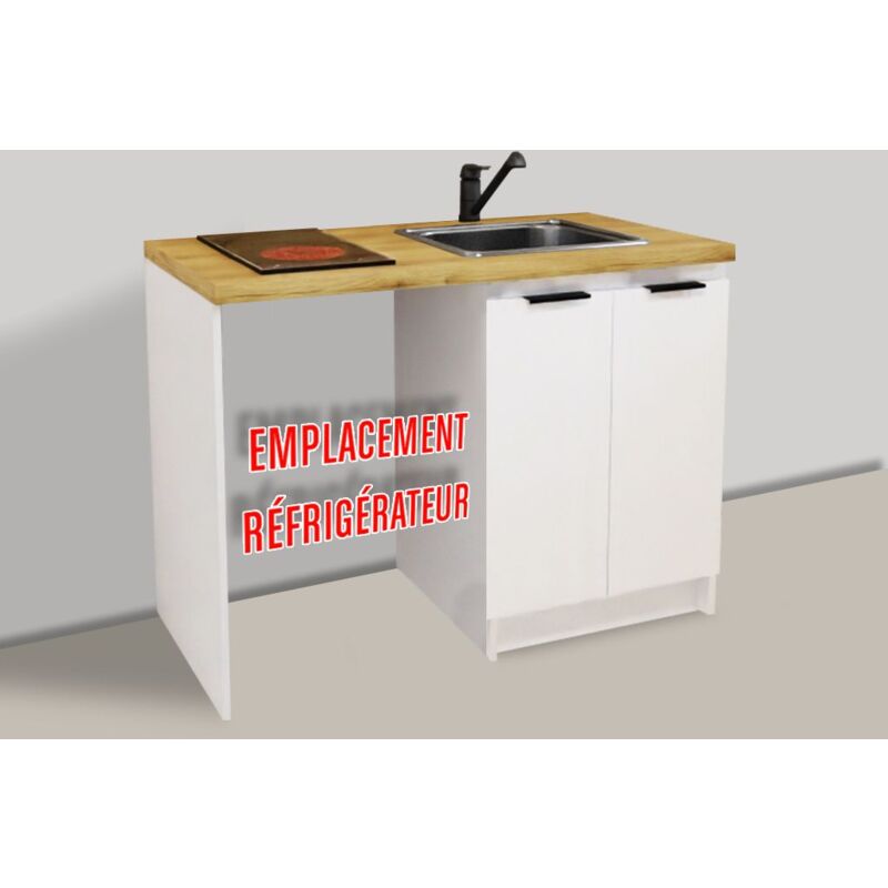 KITCHENETTE BLANCHE 120cm + PLAQUE DE CUISSON + EVIER + MITIGEUR (Premier Prix)