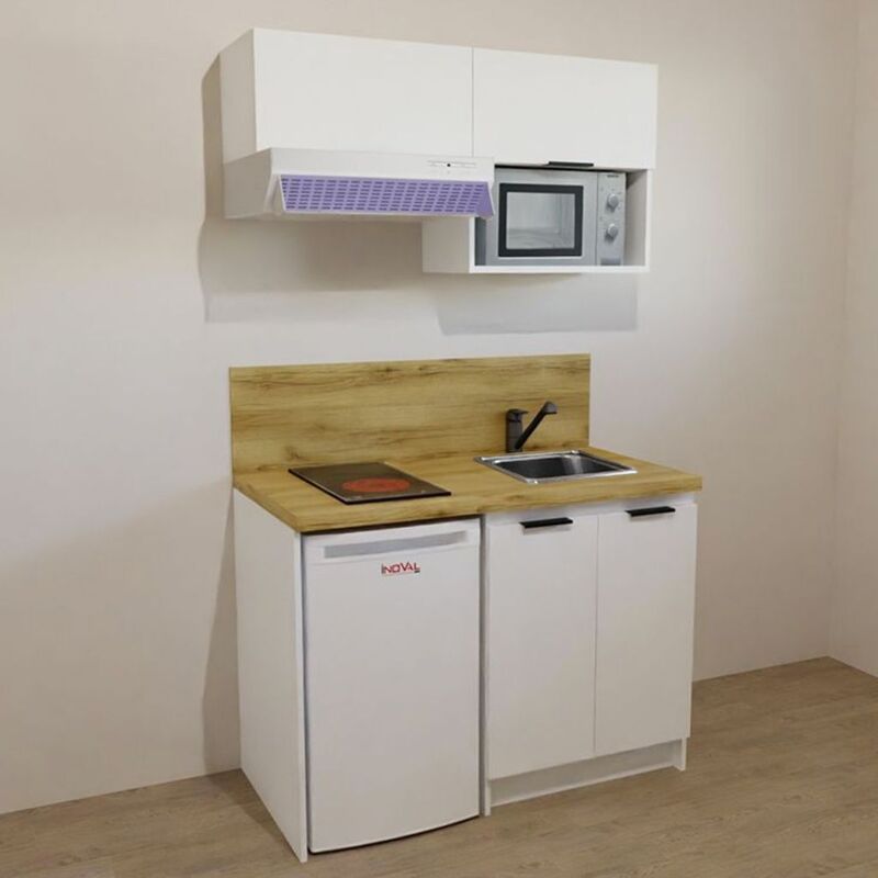 KITCHENETTE BLANCHE 120cm + PLAQUE DE CUISSON + REFRIGERATEUR + HOTTE + MICRO-ONDES + EVIER + MITIGEUR + MEUBLES HAUTS
