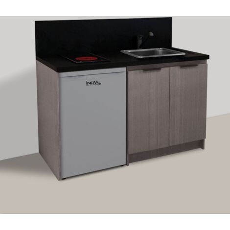 KITCHENETTE CHÊNE GRIS 140cm + PLAQUE DE CUISSON + REFRIGERATEUR + EVIER + MITIGEUR