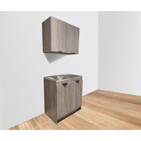 KITCHENETTE CHENE GRIS 80cm + PLAN EVIER INOX + MEUBLE HAUT