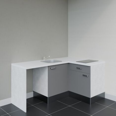 Kitchenette d'angle KA01L-PT avec plan de travail et évier Façade Gris - Plan Blanc - Evier