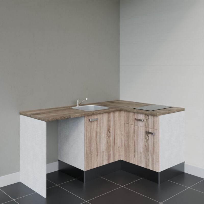 Kitchenette d'angle KA01L-PT avec plan de travail et évier - Façade Bois - Plan Bois - Evier Inox - Crédences Non