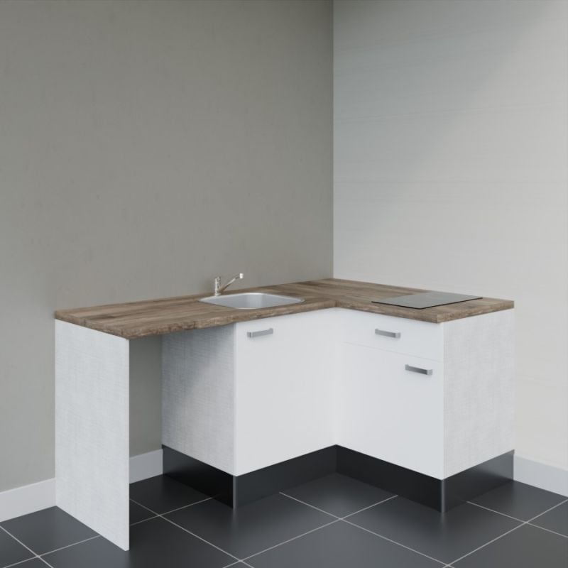 Kitchenette d'angle KA01L-PT avec plan de travail et évier - Façade Blanc - Plan Bois - Evier Inox - Crédences Non