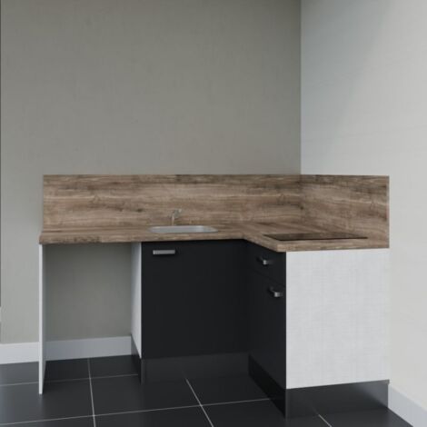 Kitchenette d'angle KA01L-PT avec plan de travail et évier - Façade Noir - Plan Bois - Evier Inox - Crédences Oui