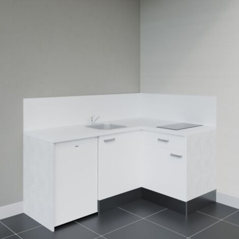 Kitchenette d'angle KA01L-PT électroménager inclus - Façade Blanc - Plan Blanc - Crédences Oui + Electroménager inclus coloris Blanc