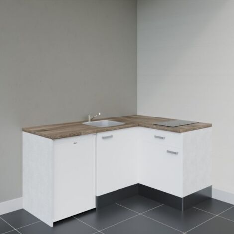 Kitchenette d'angle KA01L-PT électroménager inclus - Façade Blanc - Plan Bois - Evier Inox - Crédences Non + Electroménager inclus coloris Blanc