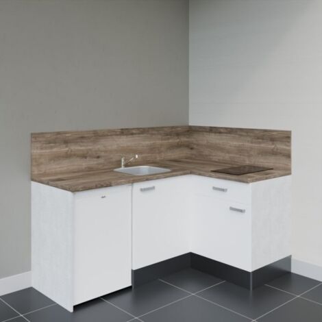 Kitchenette d'angle KA01L-PT électroménager inclus - Façade Blanc - Plan Bois - Evier Inox - Crédences Oui + Electroménager inclus coloris Blanc